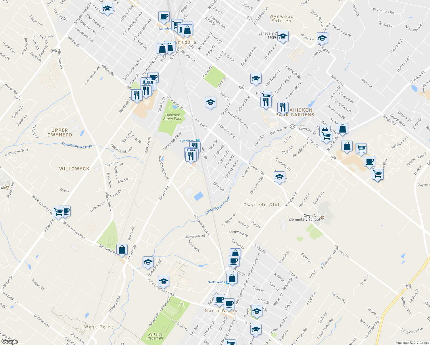 map of restaurants, bars, coffee shops, grocery stores, and more near 707 Cypress Street in Lansdale