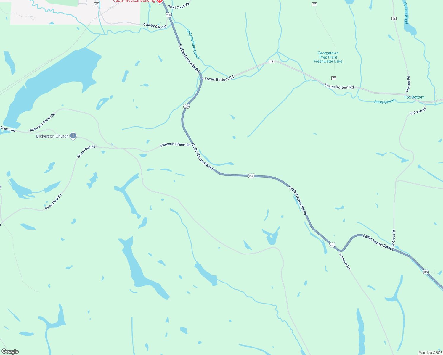 map of restaurants, bars, coffee shops, grocery stores, and more near 45801 Cadiz-Harrisville Road in Cadiz
