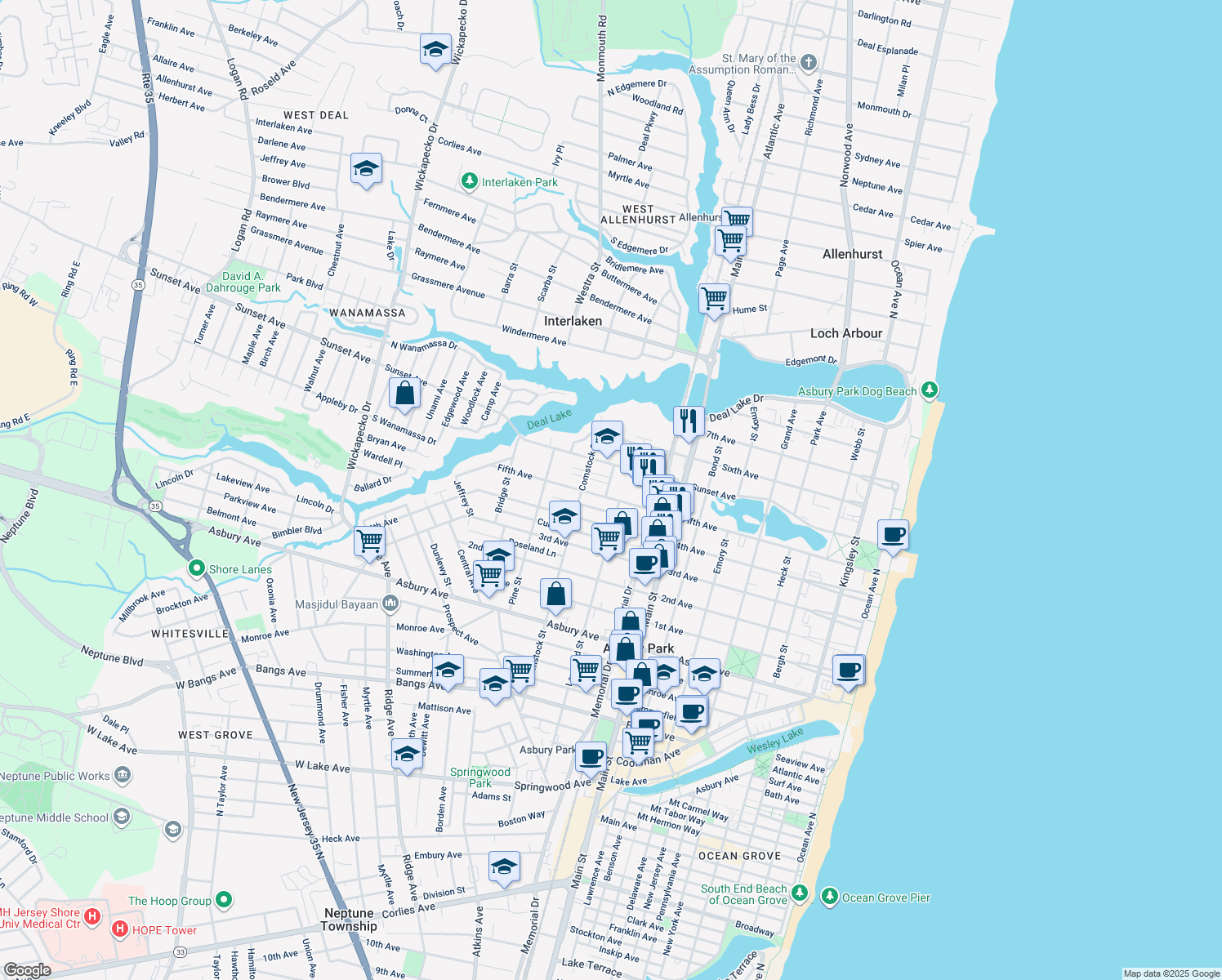 map of restaurants, bars, coffee shops, grocery stores, and more near 925 5th Avenue in Asbury Park