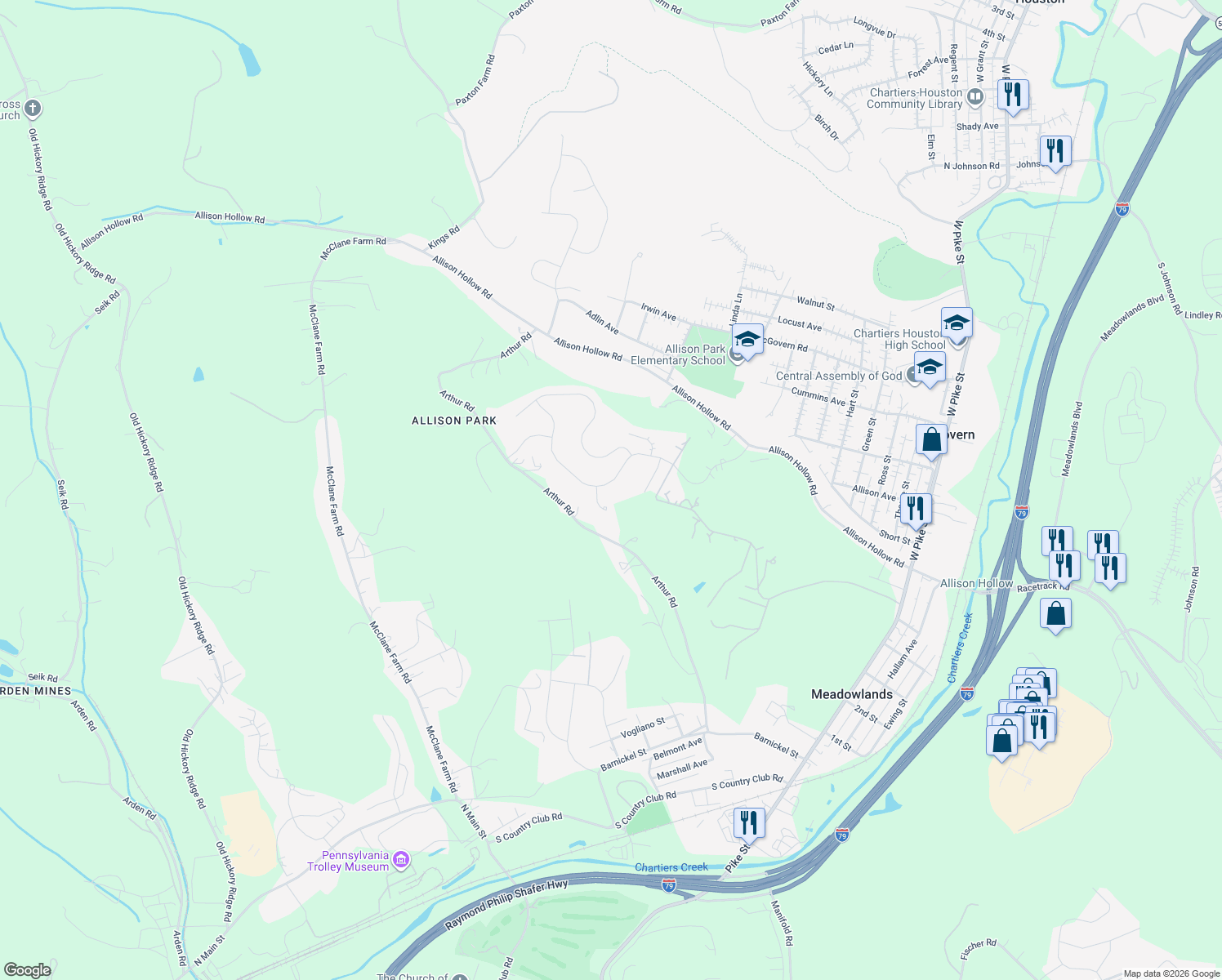 map of restaurants, bars, coffee shops, grocery stores, and more near 116 Piatt Estates Drive in Washington