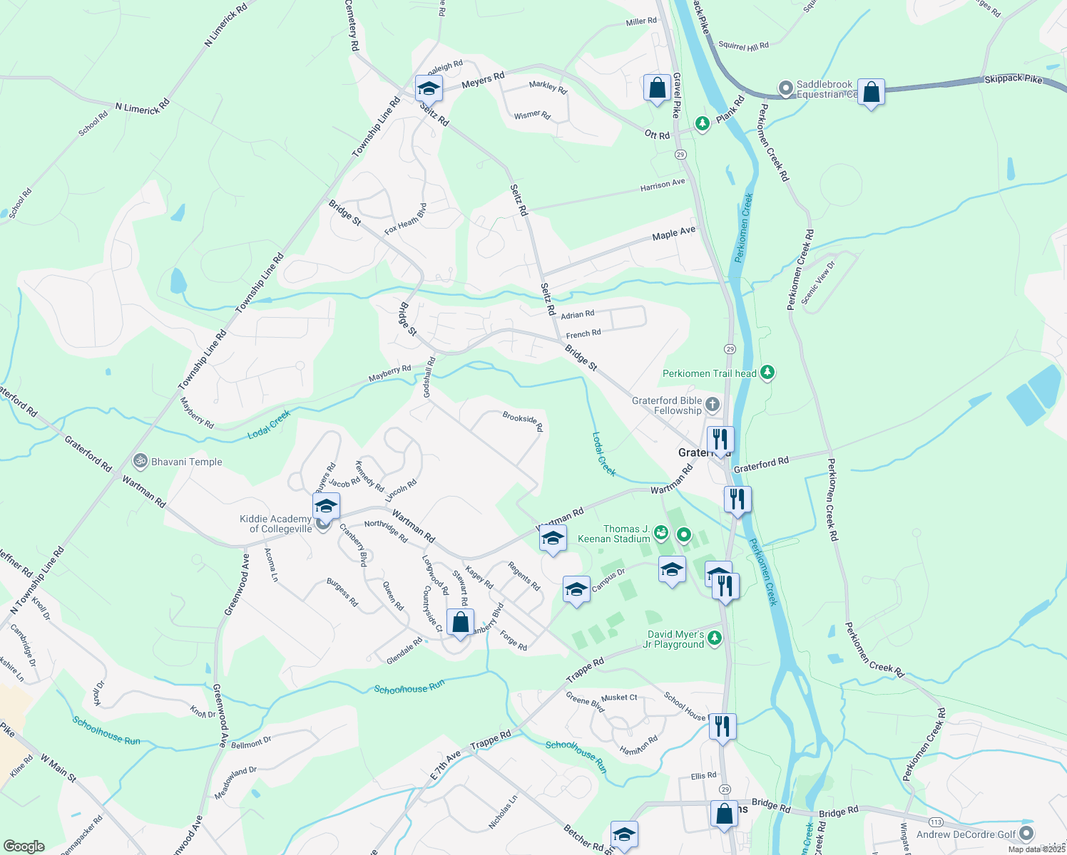 map of restaurants, bars, coffee shops, grocery stores, and more near 5 Brookside Road in Collegeville