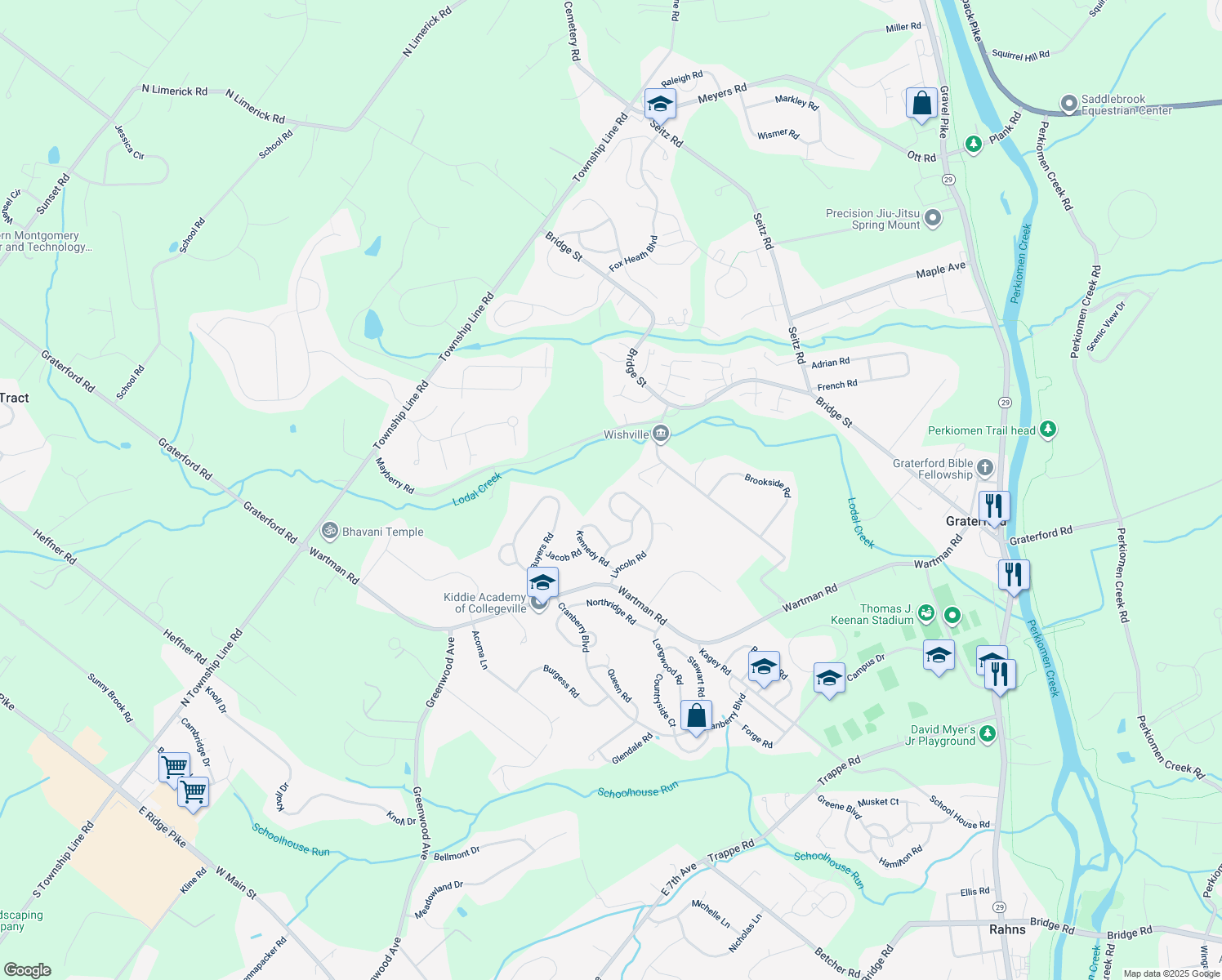 map of restaurants, bars, coffee shops, grocery stores, and more near 154 Lincoln Road in Collegeville