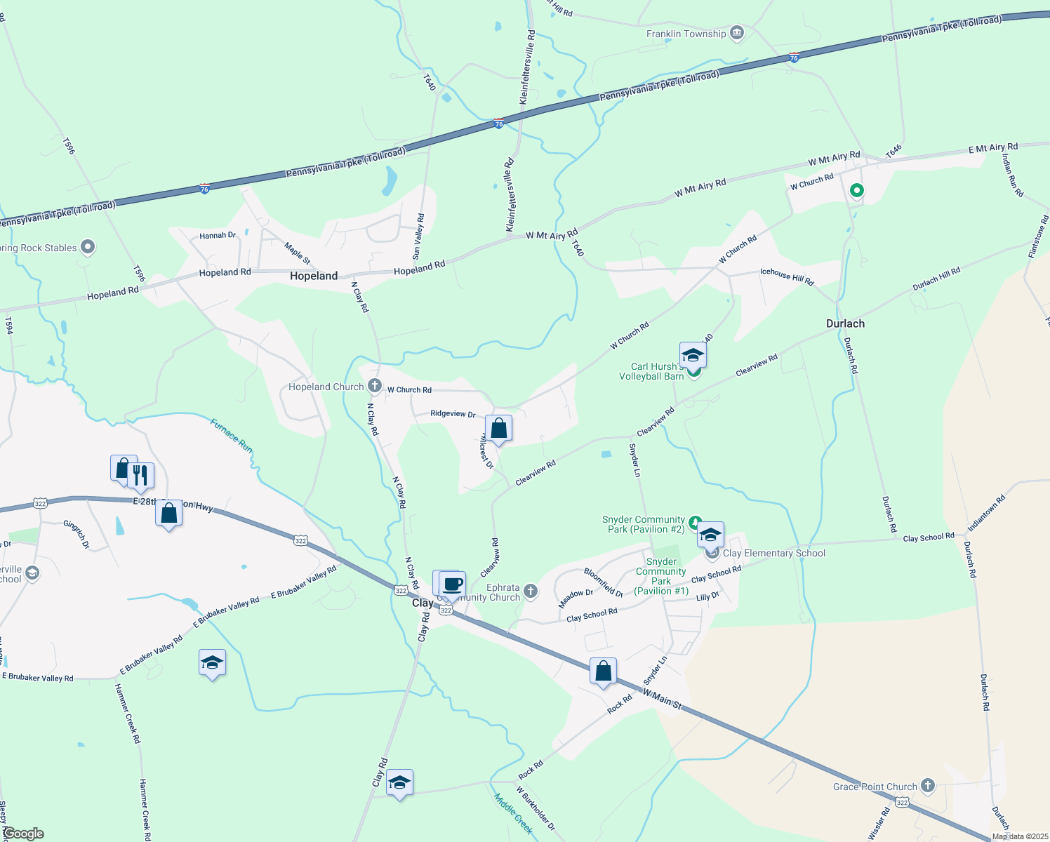 map of restaurants, bars, coffee shops, grocery stores, and more near 580 W Church Rd in Ephrata