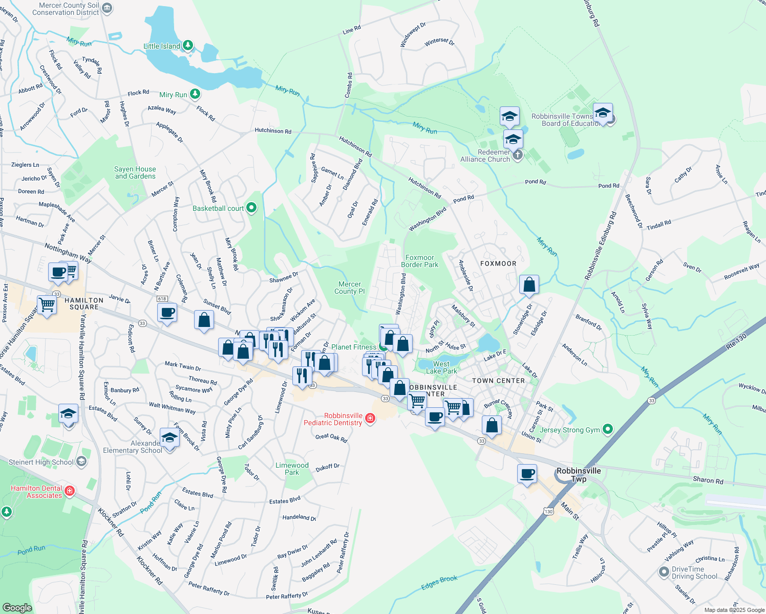 map of restaurants, bars, coffee shops, grocery stores, and more near 144 Tynemouth Ct in Robbinsville