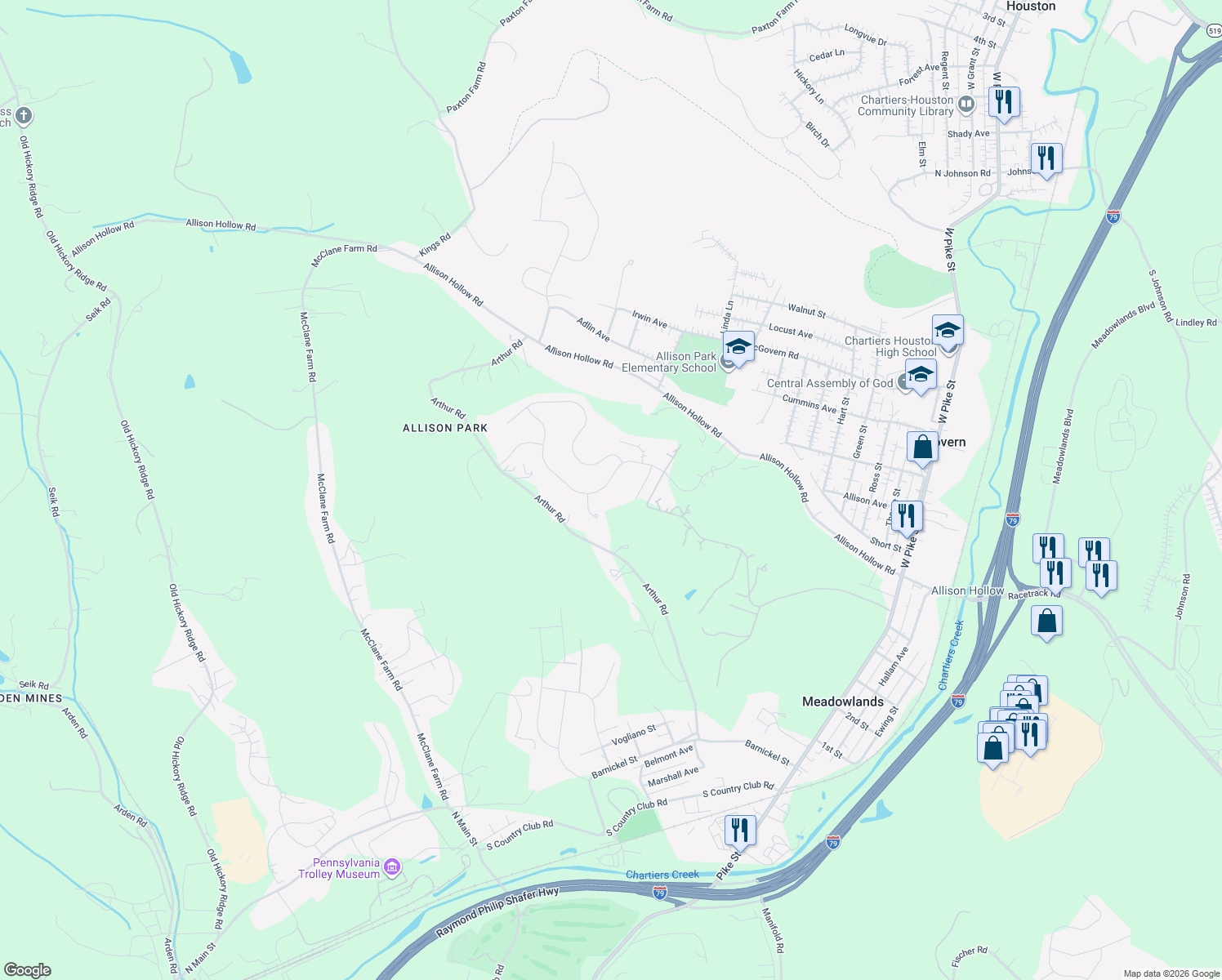 map of restaurants, bars, coffee shops, grocery stores, and more near 116 Piatt Estates Drive in Washington