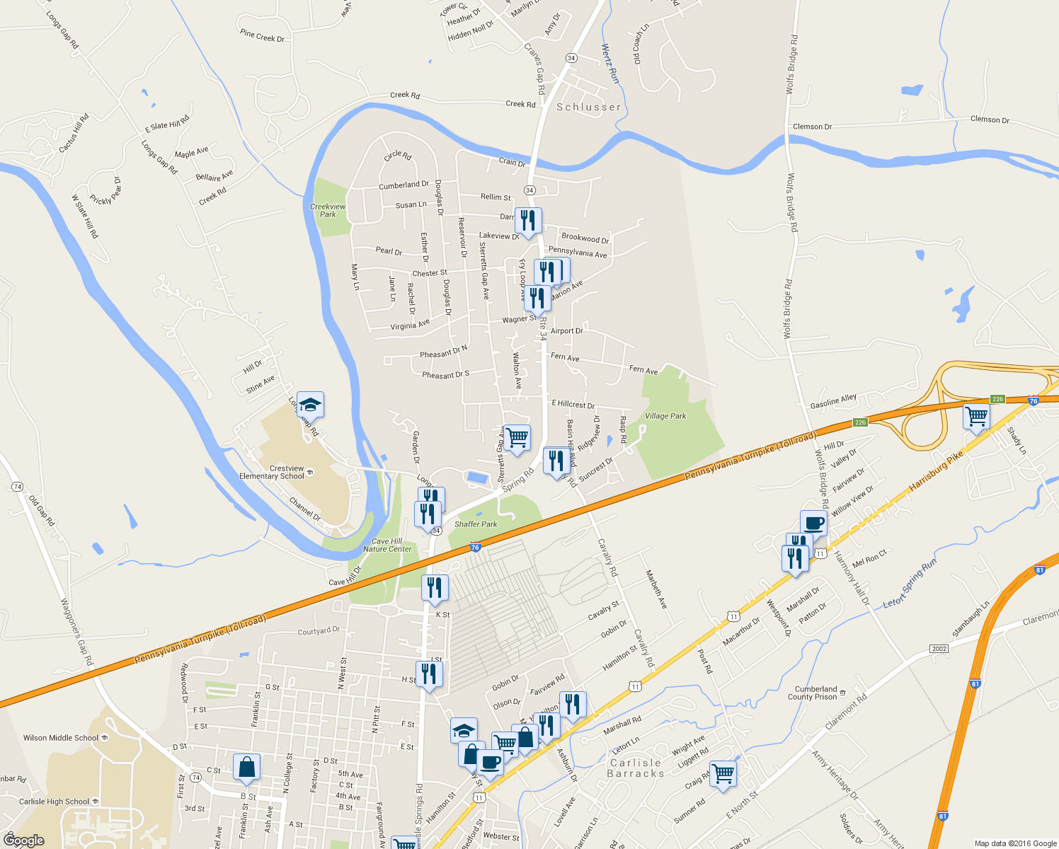 map of restaurants, bars, coffee shops, grocery stores, and more near 1822 Heishman Gardens in Carlisle