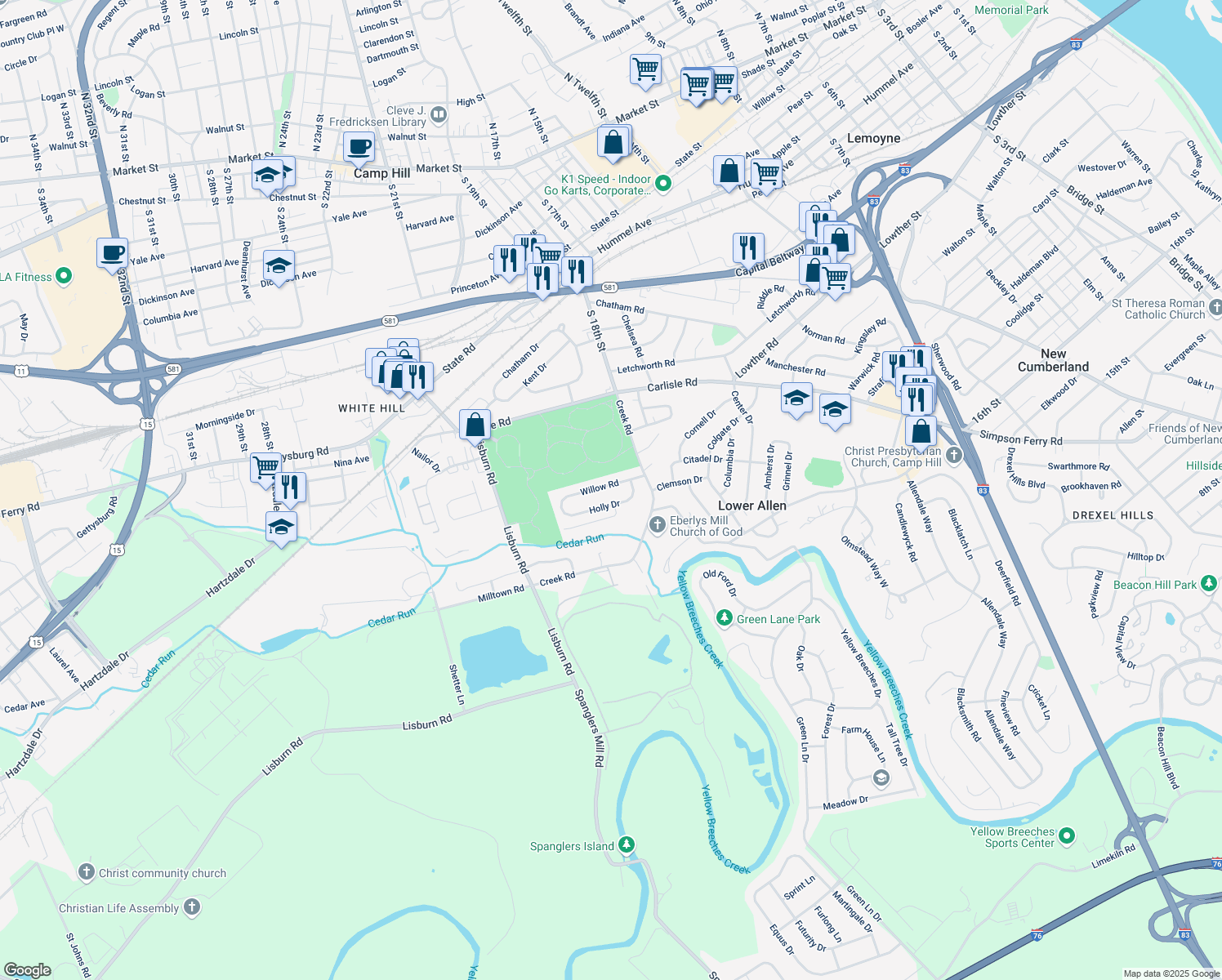 map of restaurants, bars, coffee shops, grocery stores, and more near 1813 Willow Rd in Camp Hill