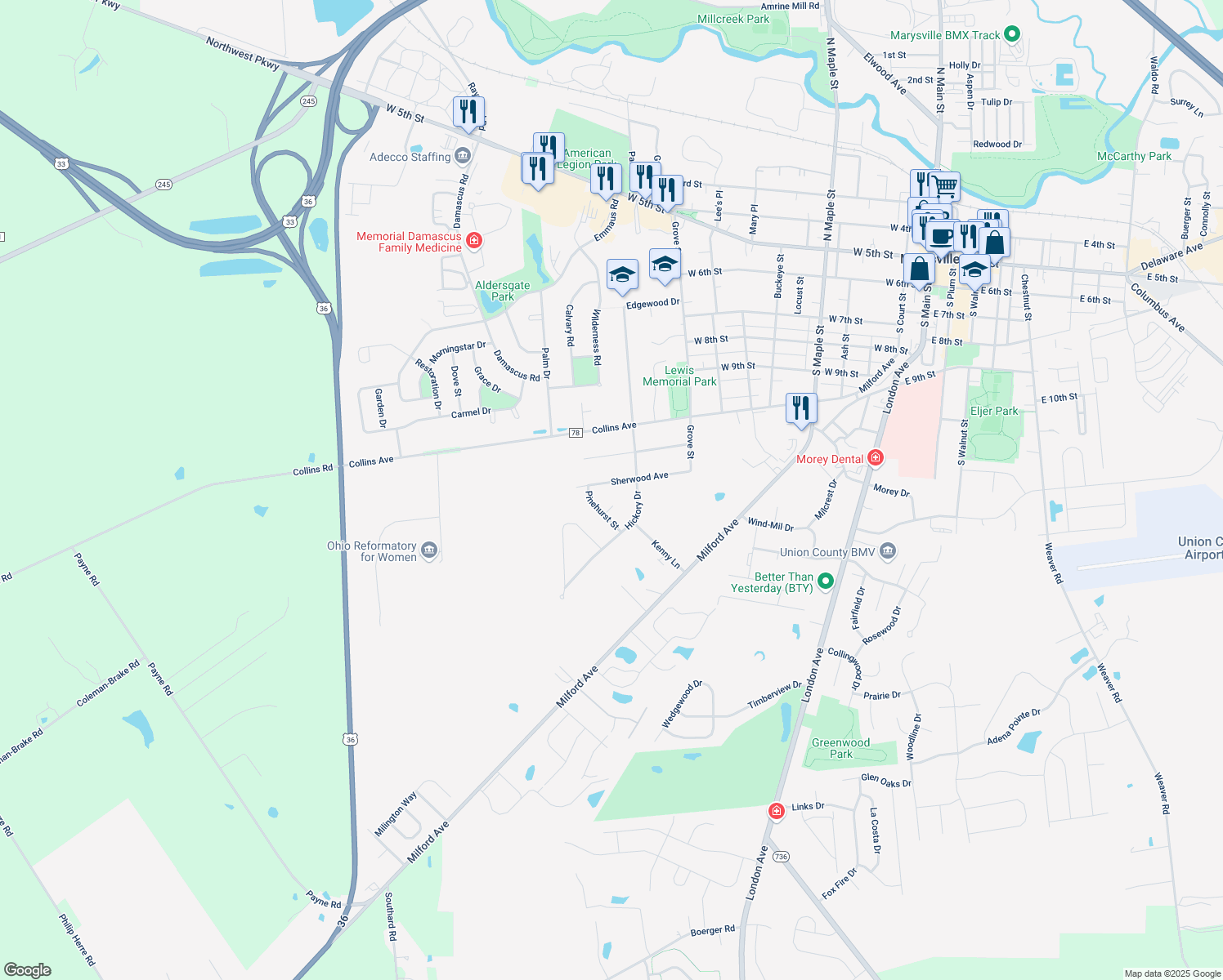 map of restaurants, bars, coffee shops, grocery stores, and more near 1025 Sherwood Ave in Marysville