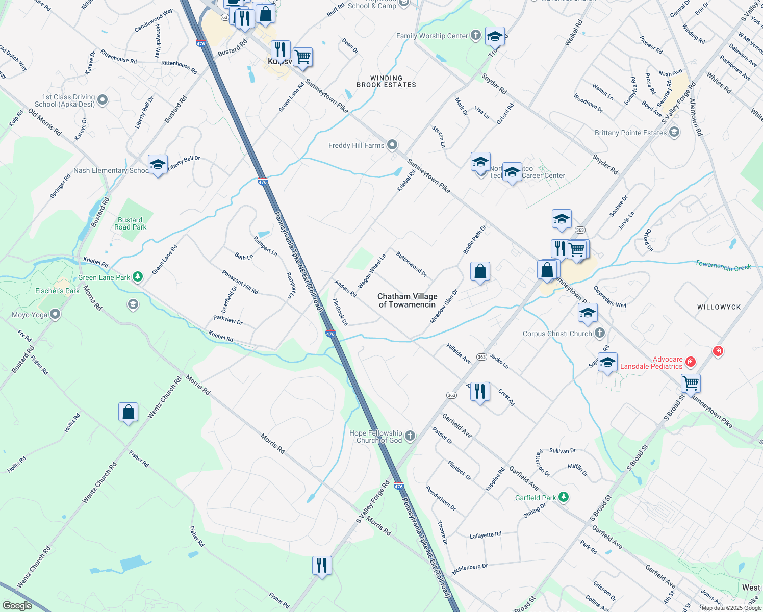 map of restaurants, bars, coffee shops, grocery stores, and more near 1255 Anders Rd in Lansdale