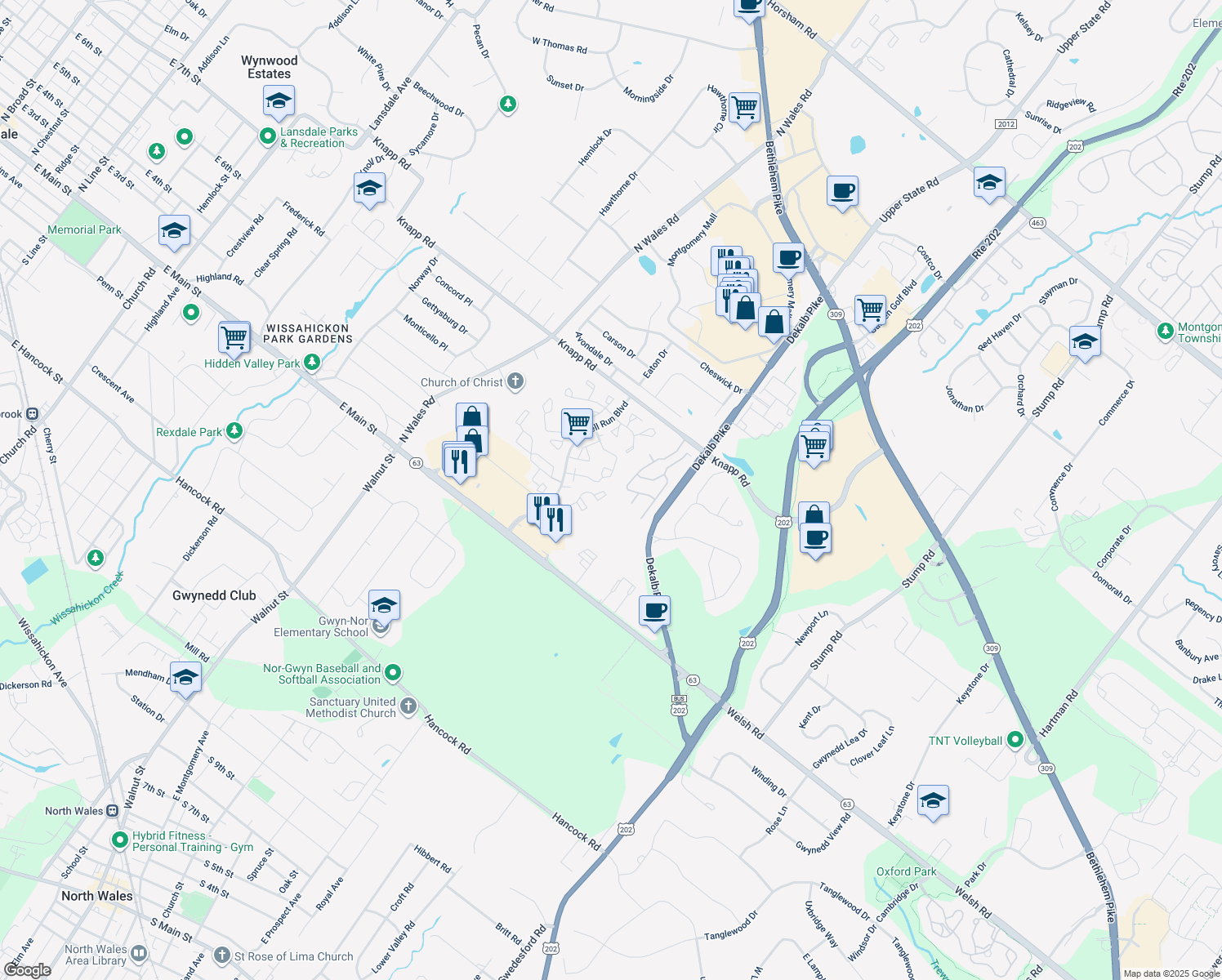 map of restaurants, bars, coffee shops, grocery stores, and more near 206 Colettes Court in North Wales