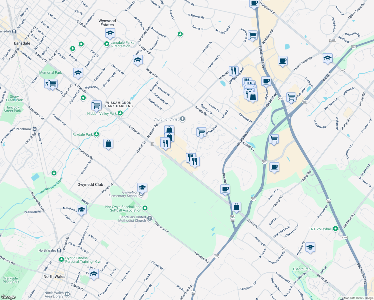 map of restaurants, bars, coffee shops, grocery stores, and more near 1804 Naomi's Court in North Wales
