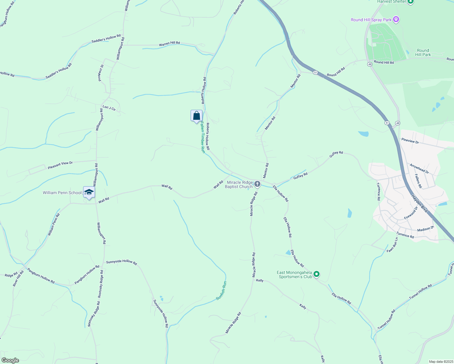 map of restaurants, bars, coffee shops, grocery stores, and more near 6805 Wall Road in Monongahela