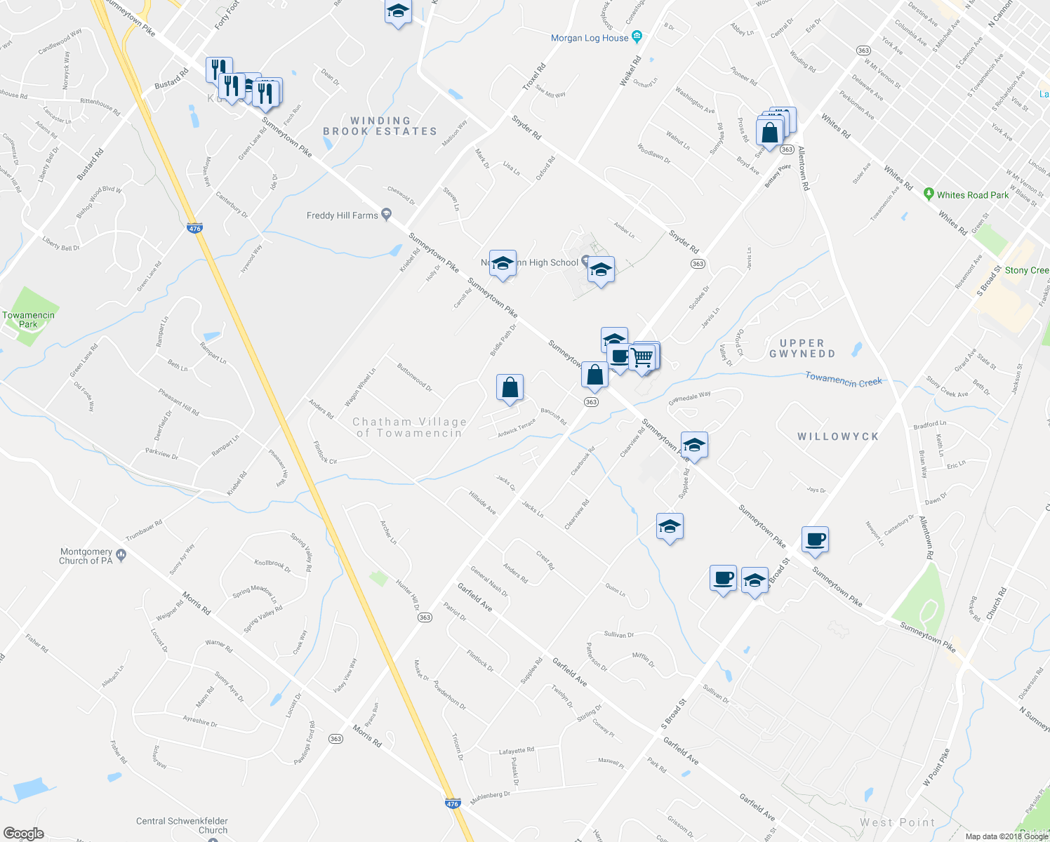 map of restaurants, bars, coffee shops, grocery stores, and more near 117 Ardwick Terrace in Lansdale