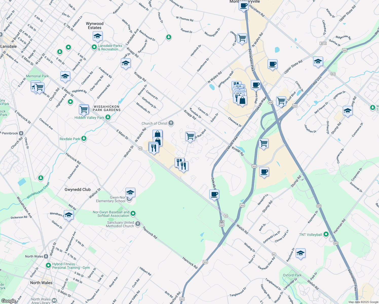 map of restaurants, bars, coffee shops, grocery stores, and more near 2402 Grist Mill Court in North Wales