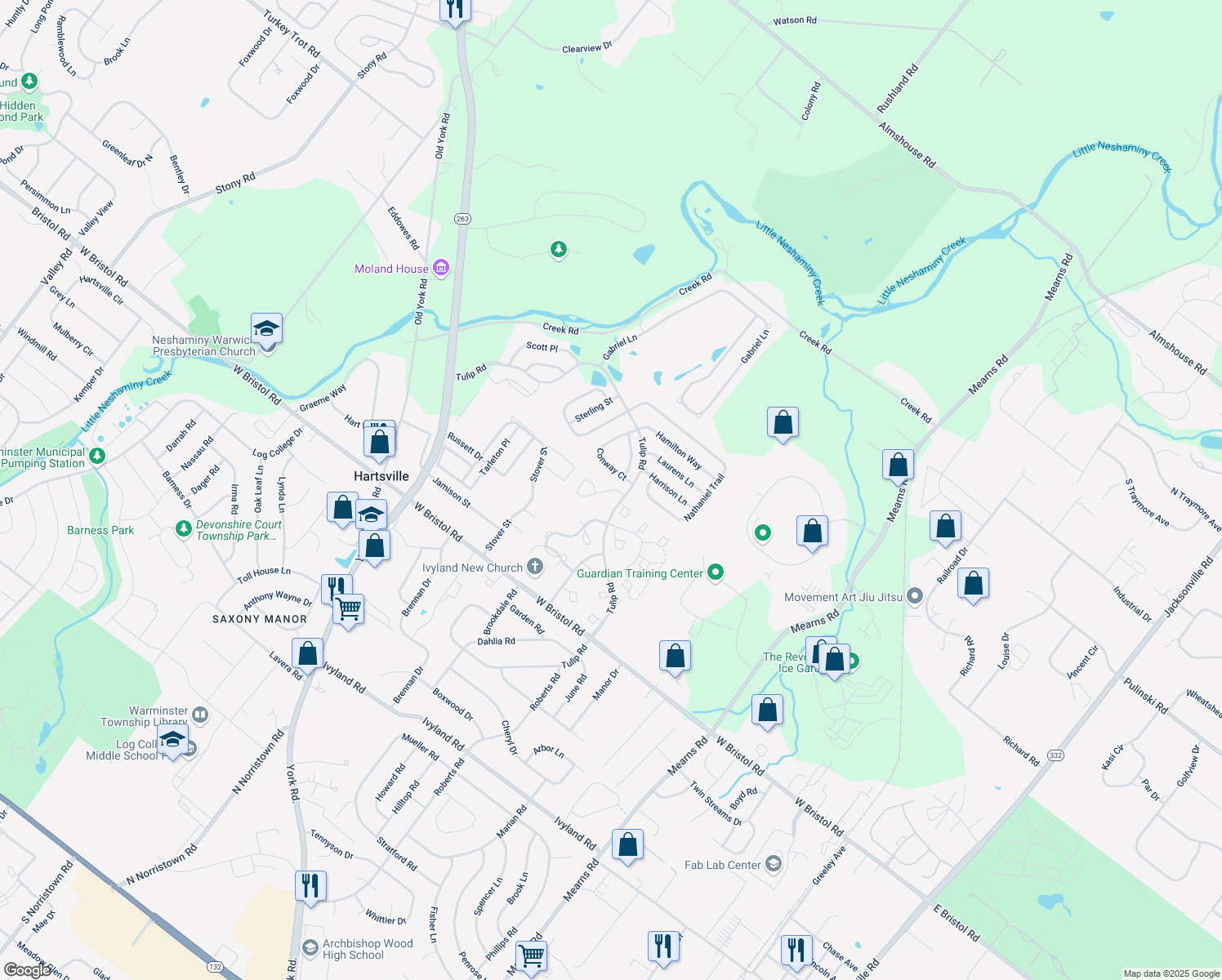 map of restaurants, bars, coffee shops, grocery stores, and more near 203 Crossroads Drive in Warminster