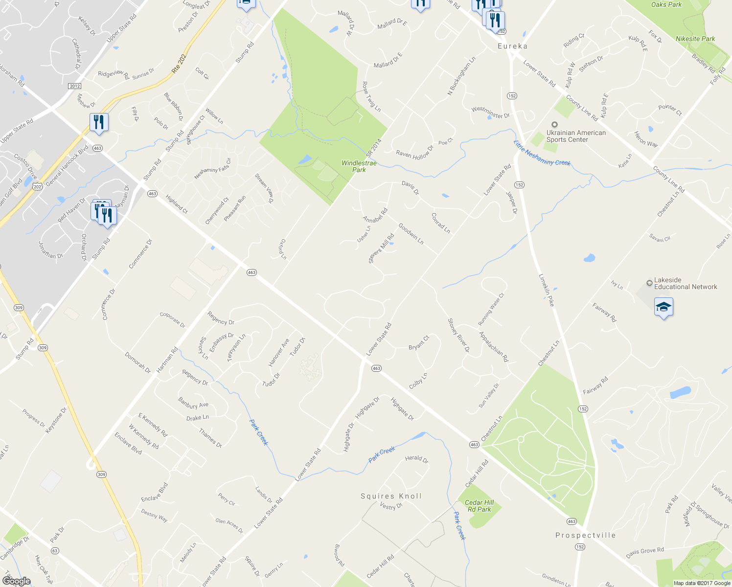 map of restaurants, bars, coffee shops, grocery stores, and more near 100 Stevers Mill Road in North Wales