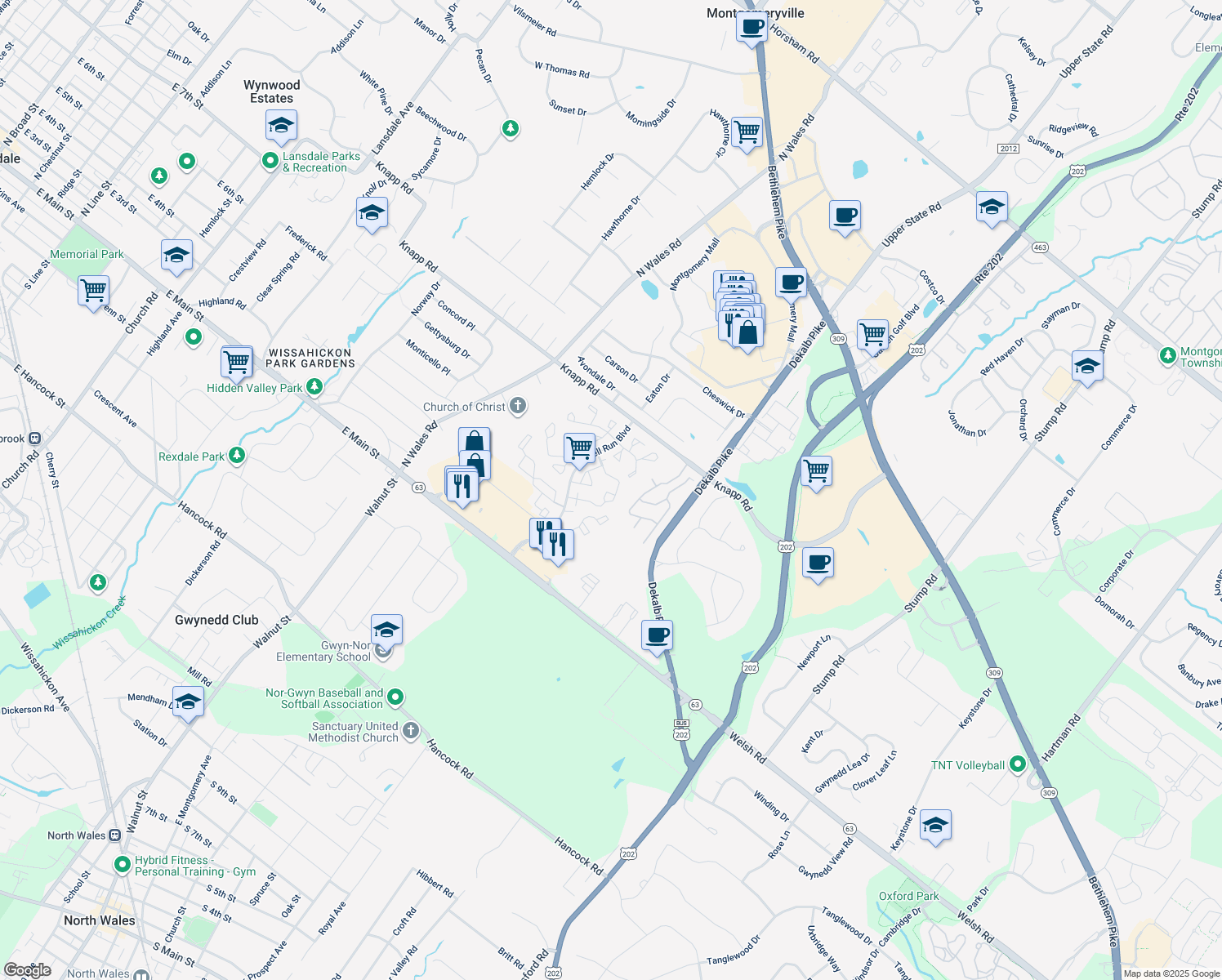 map of restaurants, bars, coffee shops, grocery stores, and more near 2903 Harvard Court in North Wales