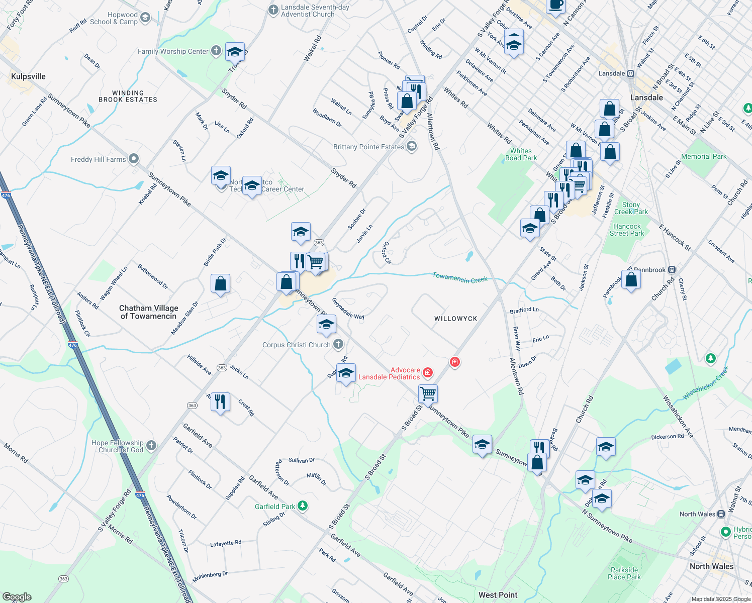 map of restaurants, bars, coffee shops, grocery stores, and more near 1162 Gwynedale Way in Lansdale