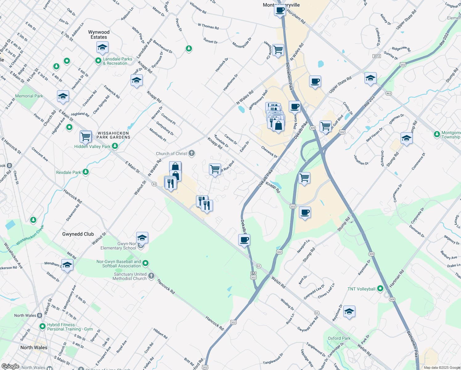 map of restaurants, bars, coffee shops, grocery stores, and more near 2003 Harvard Drive in North Wales