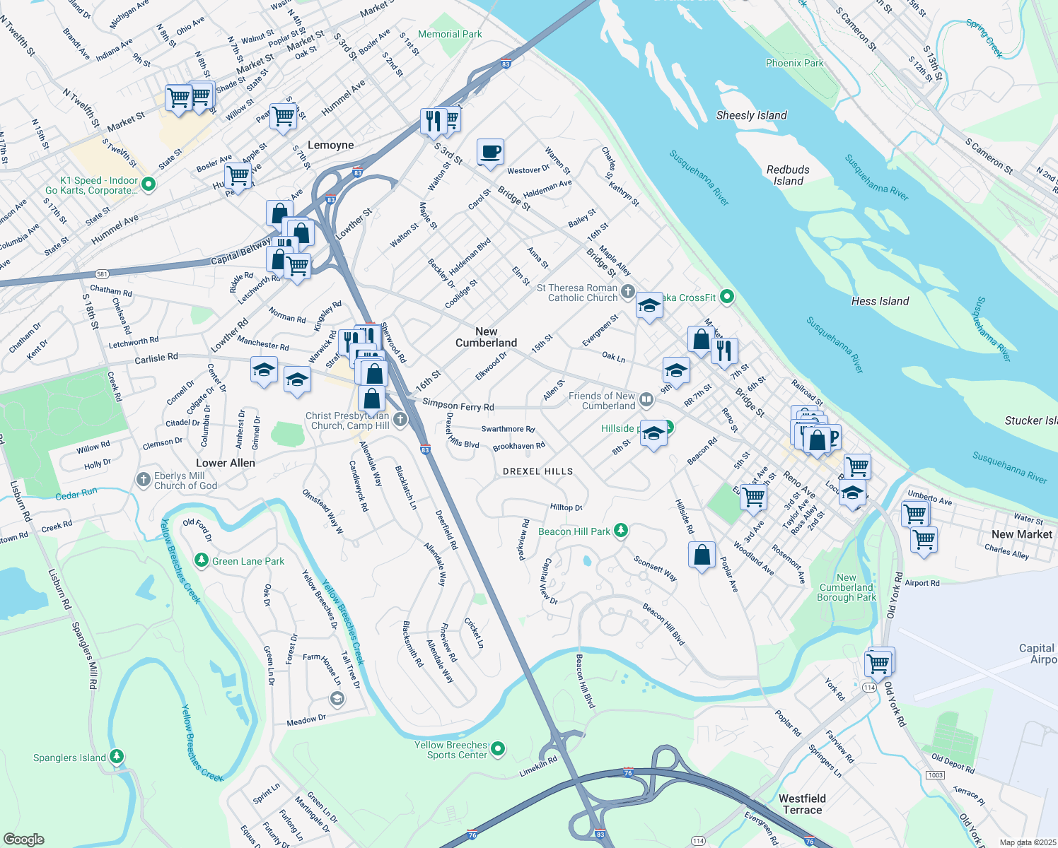 map of restaurants, bars, coffee shops, grocery stores, and more near 1019 Swarthmore Road in New Cumberland