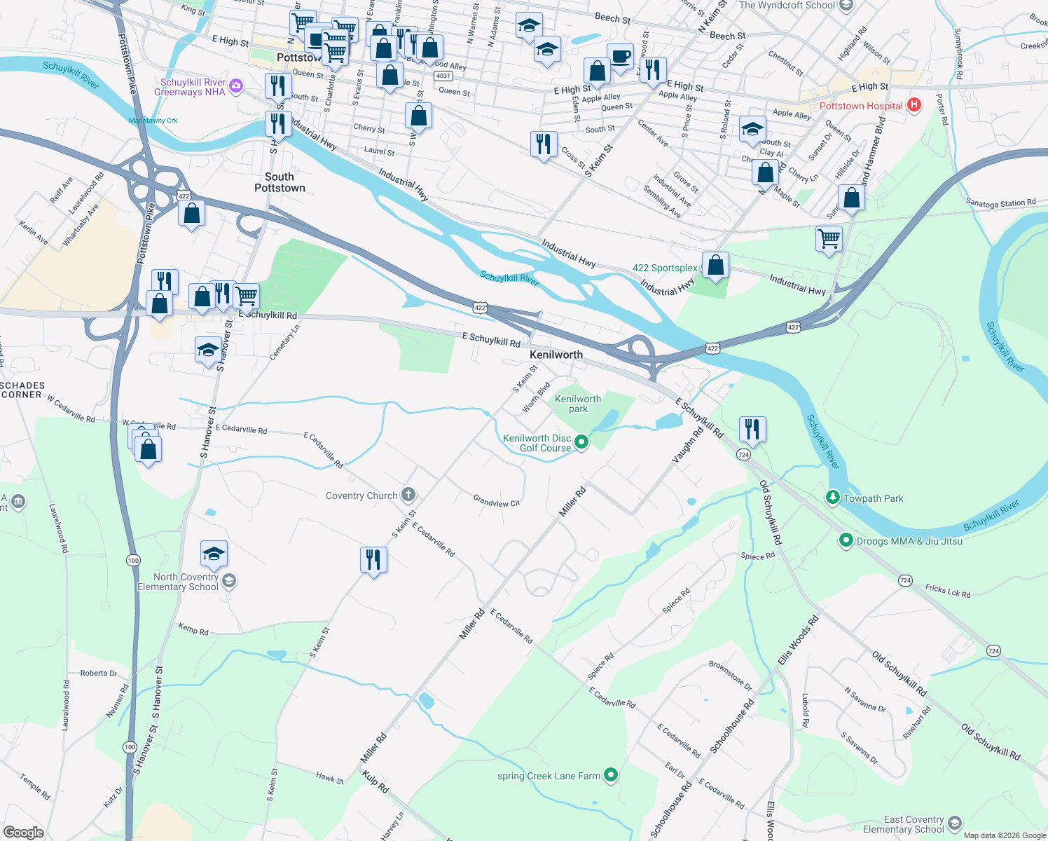 map of restaurants, bars, coffee shops, grocery stores, and more near 892 Worth Boulevard in Pottstown