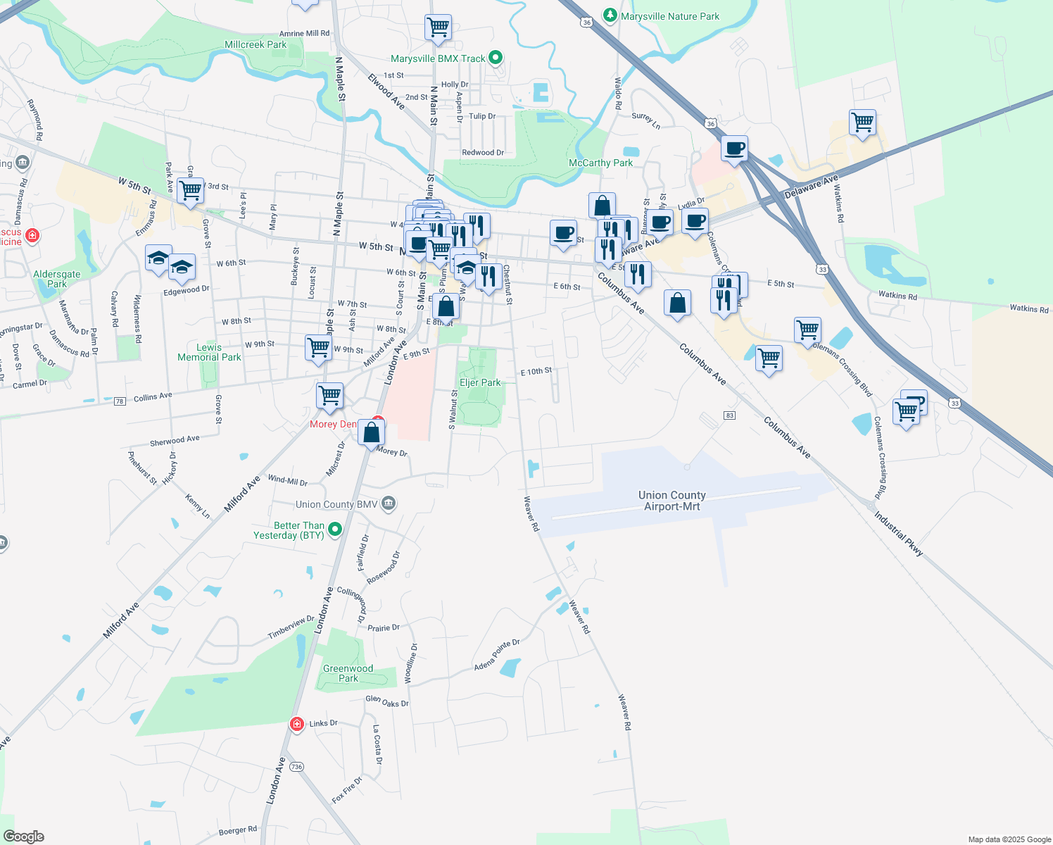 map of restaurants, bars, coffee shops, grocery stores, and more near 676 Chestnut Street in Marysville