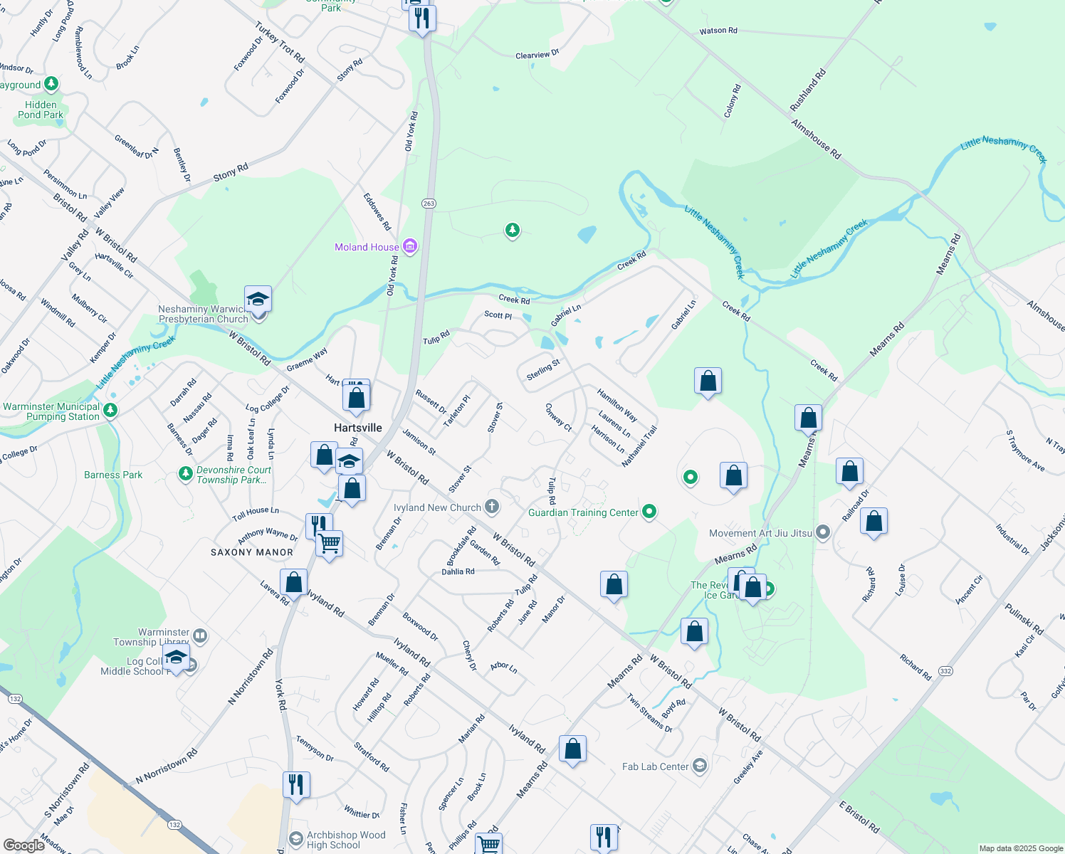 map of restaurants, bars, coffee shops, grocery stores, and more near 206 Red Maple Court in Warwick