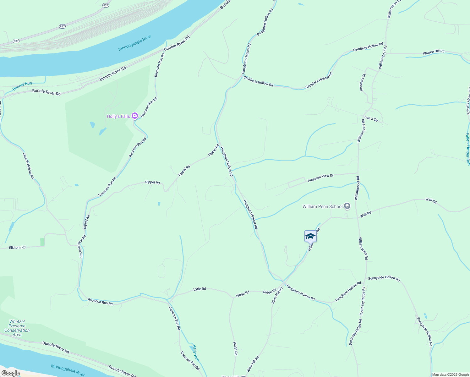 map of restaurants, bars, coffee shops, grocery stores, and more near 1839 Lumber Jack Lane in Monongahela