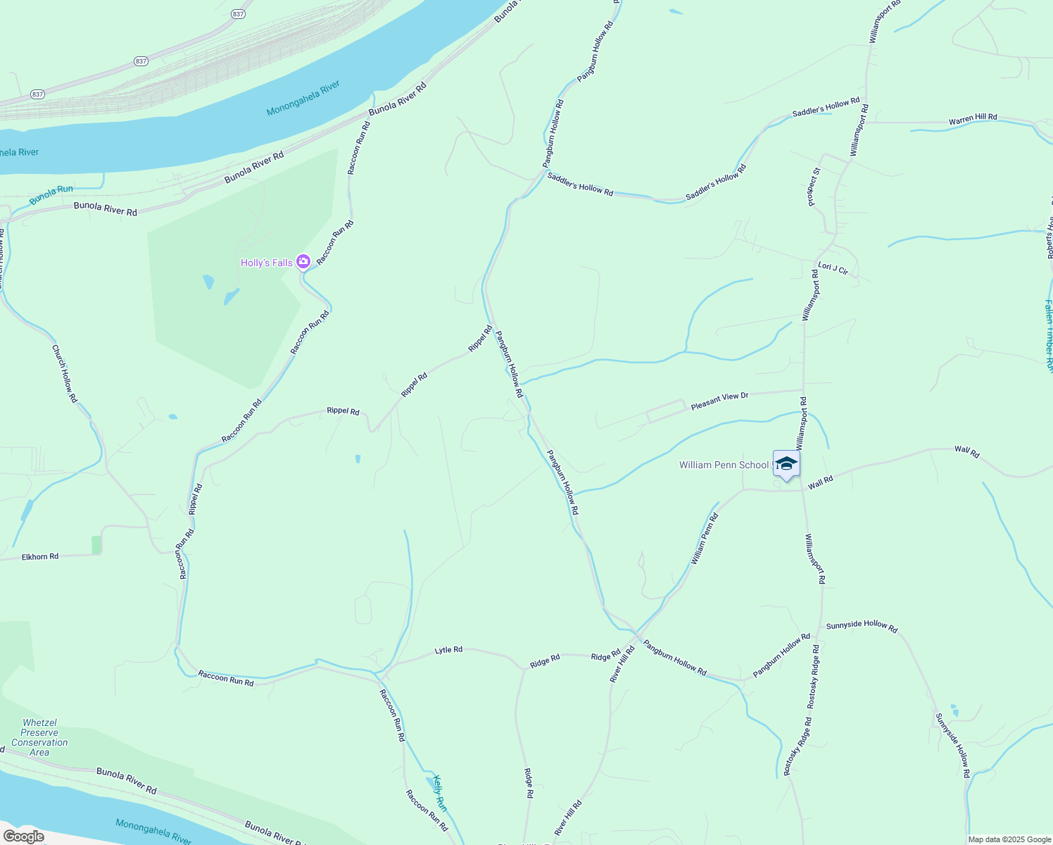 map of restaurants, bars, coffee shops, grocery stores, and more near 1839 Lumber Jack Lane in Monongahela