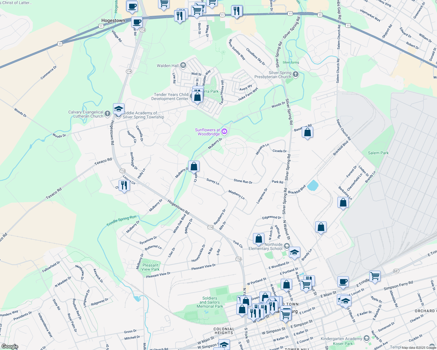 map of restaurants, bars, coffee shops, grocery stores, and more near 19 Stone Run Dr in Mechanicsburg