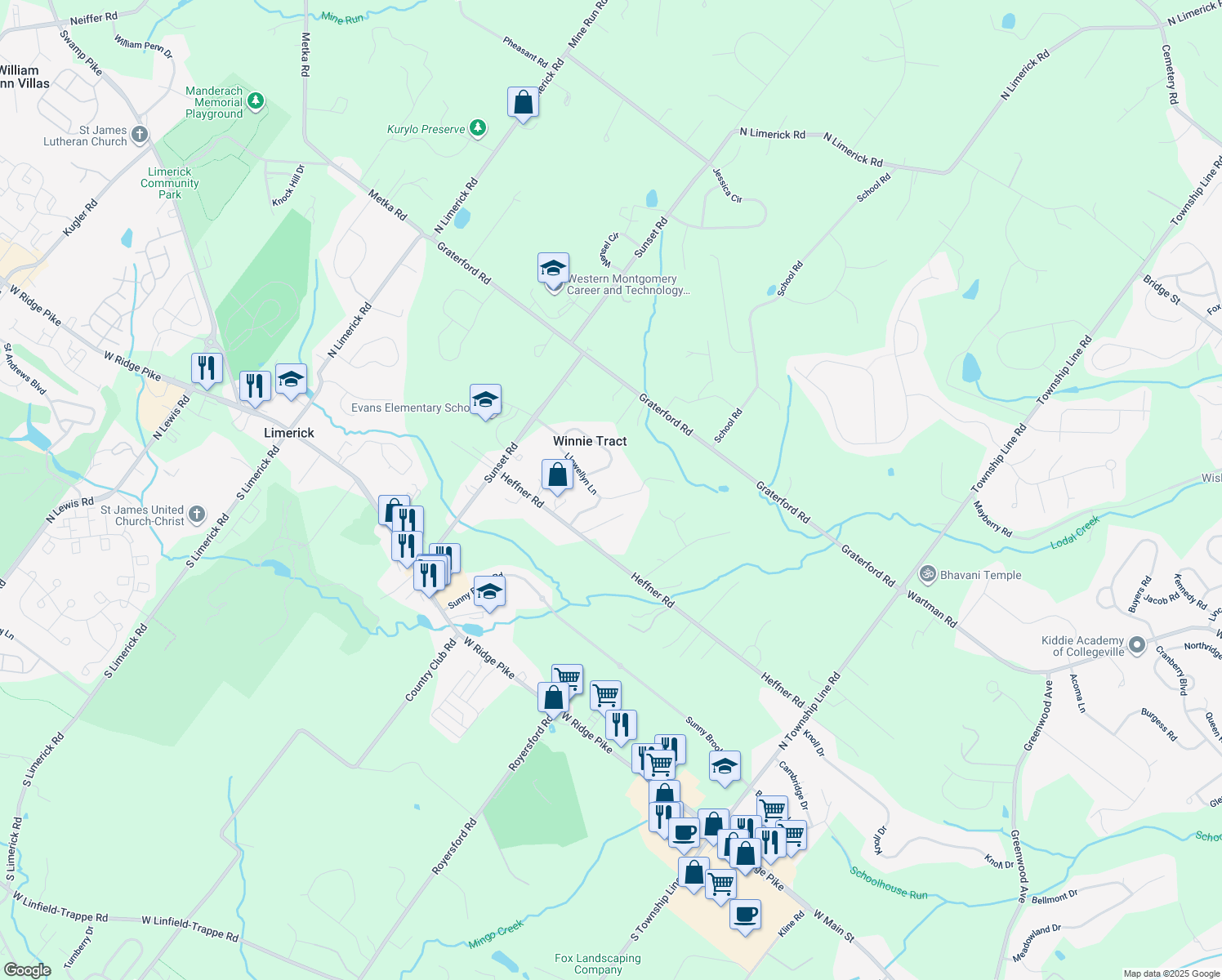 map of restaurants, bars, coffee shops, grocery stores, and more near 52 Llewellyn Lane in Royersford