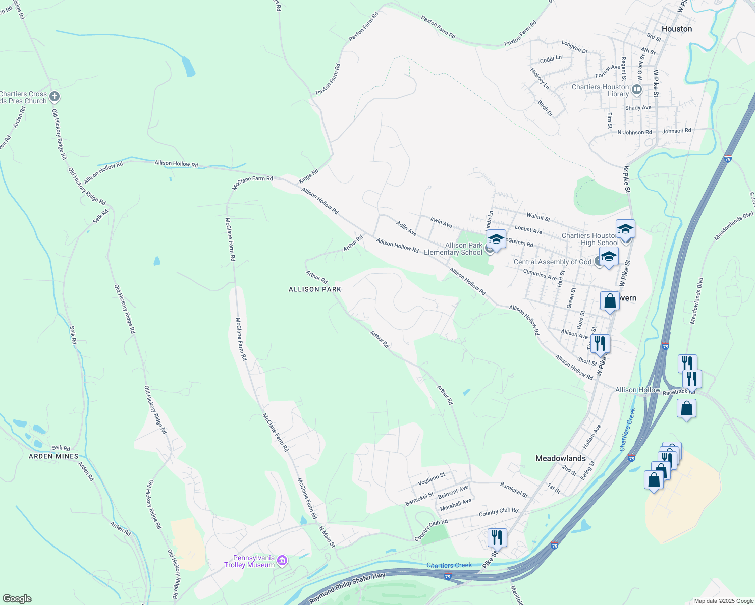 map of restaurants, bars, coffee shops, grocery stores, and more near 145 Piatt Estates Drive in Washington
