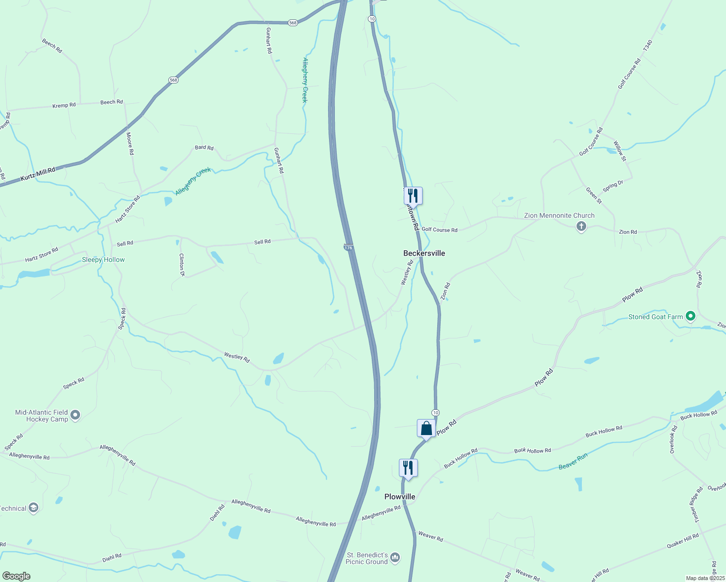 map of restaurants, bars, coffee shops, grocery stores, and more near Interstate 176 in Berks County