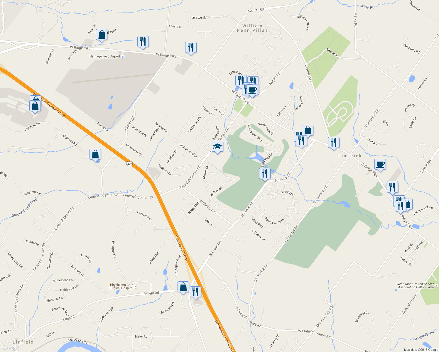 map of restaurants, bars, coffee shops, grocery stores, and more near 152 Merion Dr in Limerick