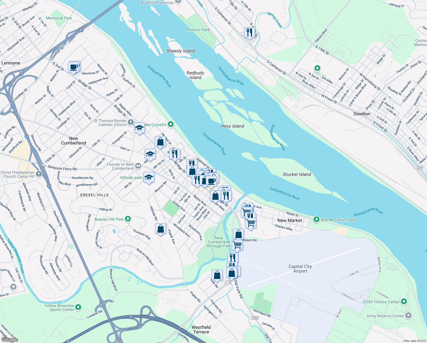 map of restaurants, bars, coffee shops, grocery stores, and more near Railroad Street in New Cumberland