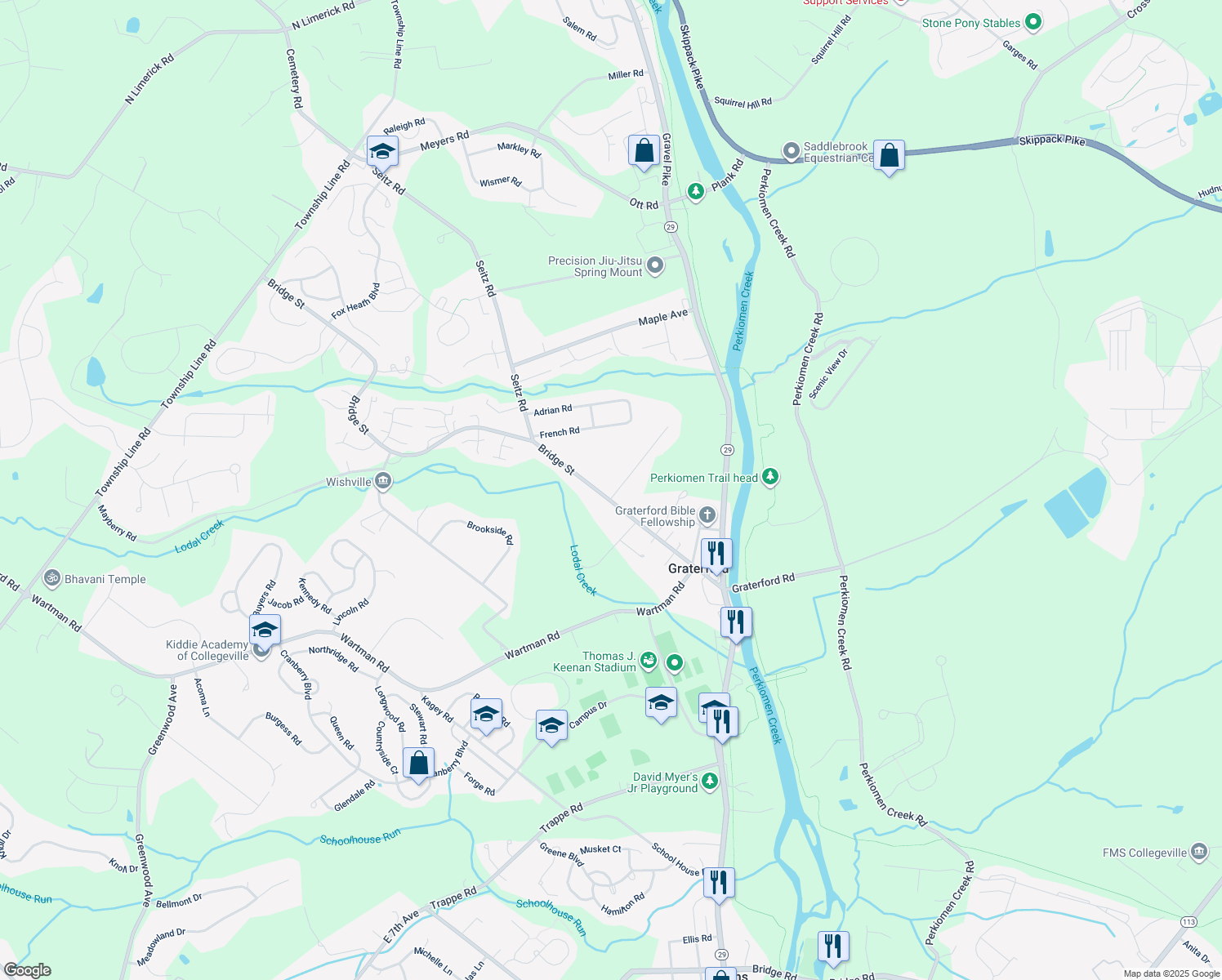map of restaurants, bars, coffee shops, grocery stores, and more near 601 Grater Avenue in Collegeville