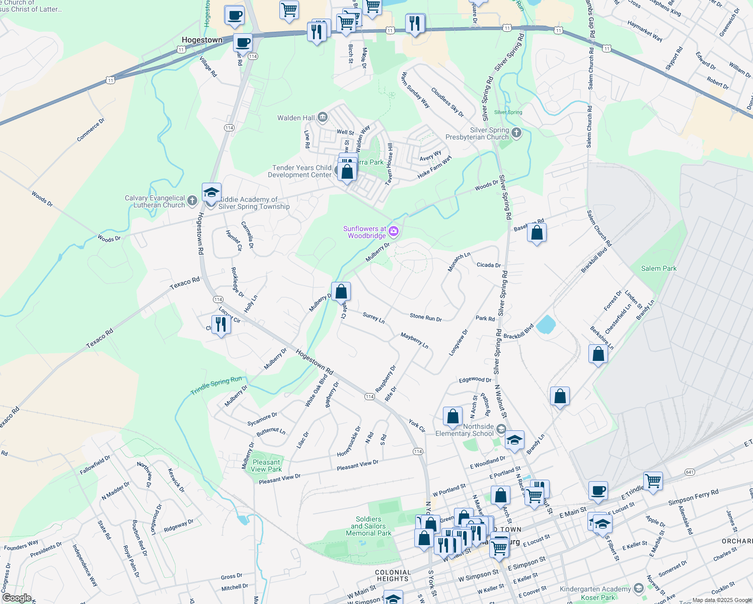 map of restaurants, bars, coffee shops, grocery stores, and more near 15 Stone Run Drive in Mechanicsburg