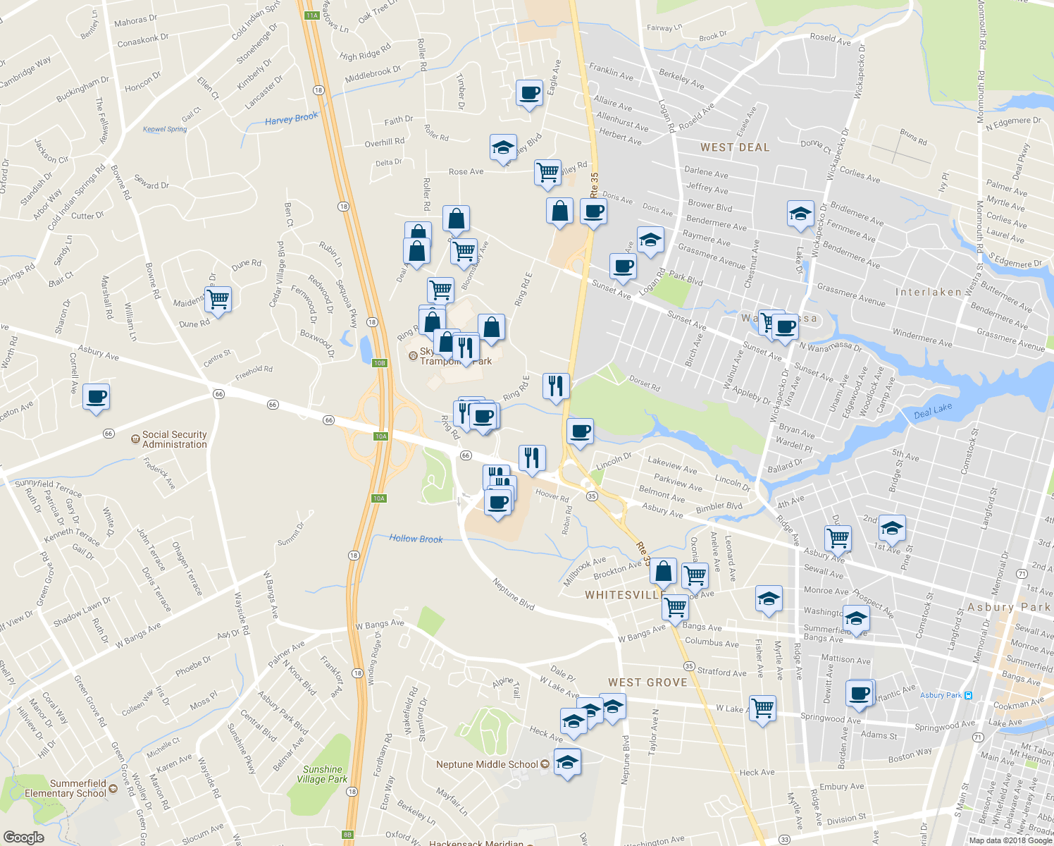 map of restaurants, bars, coffee shops, grocery stores, and more near 2407 New Jersey 66 in Monmouth County