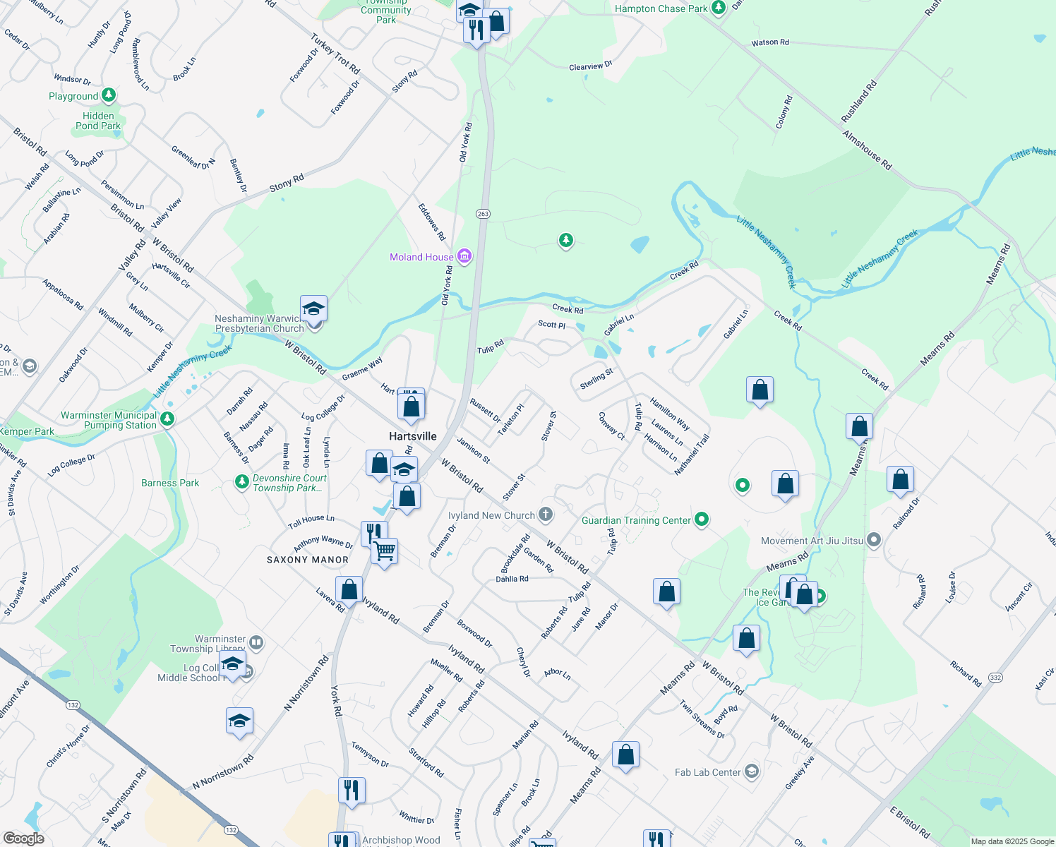 map of restaurants, bars, coffee shops, grocery stores, and more near 1550 Russett Drive in Warminster