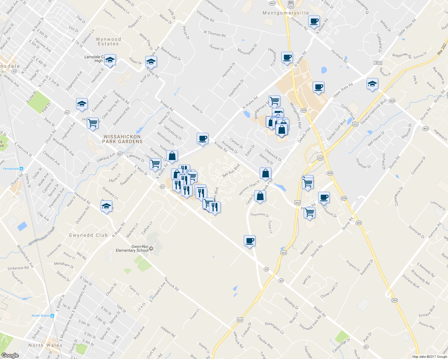 map of restaurants, bars, coffee shops, grocery stores, and more near 3602 North Carriage Court in North Wales