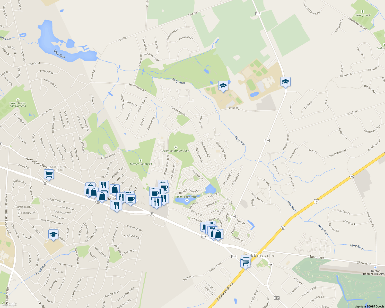 map of restaurants, bars, coffee shops, grocery stores, and more near 15 Faxon Dr in Robbinsville