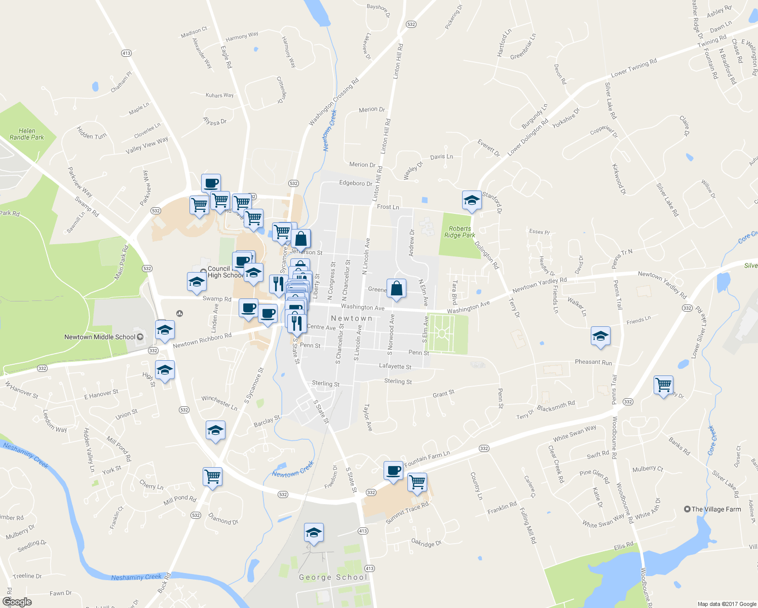map of restaurants, bars, coffee shops, grocery stores, and more near 24 Maple Avenue in Newtown
