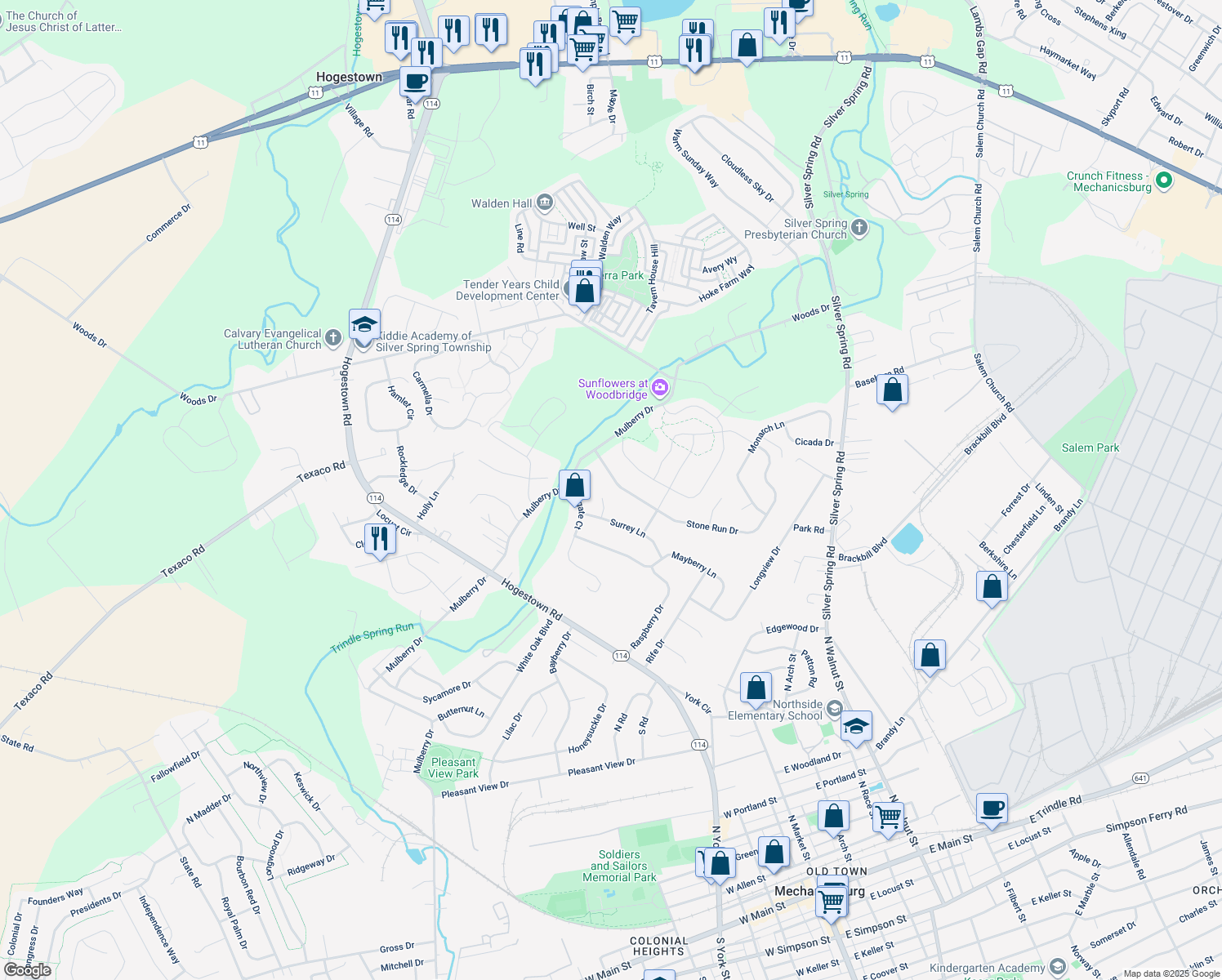 map of restaurants, bars, coffee shops, grocery stores, and more near 7 Stone Run Drive in Mechanicsburg