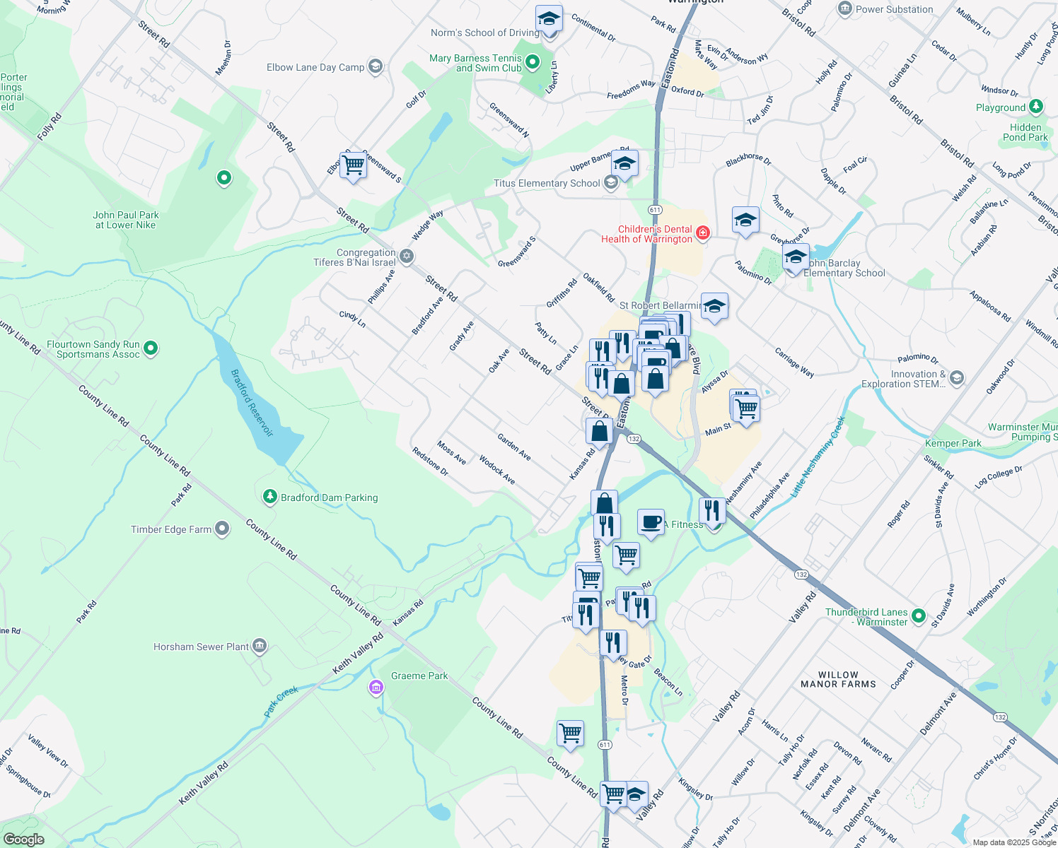 map of restaurants, bars, coffee shops, grocery stores, and more near 529 Taylor Avenue in Warrington