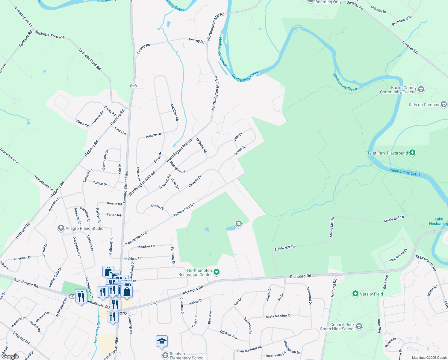 map of restaurants, bars, coffee shops, grocery stores, and more near 16 Cloverly Drive in Richboro