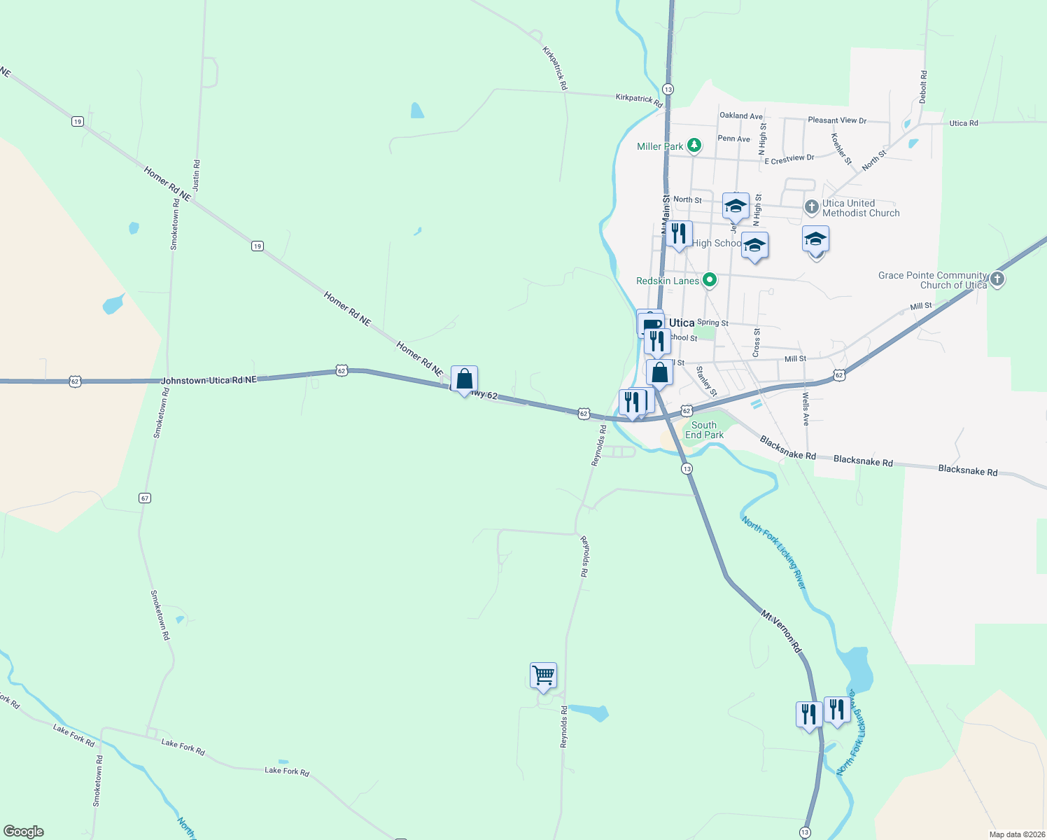 map of restaurants, bars, coffee shops, grocery stores, and more near 4070 Johnstown-Utica Road Northeast in Utica
