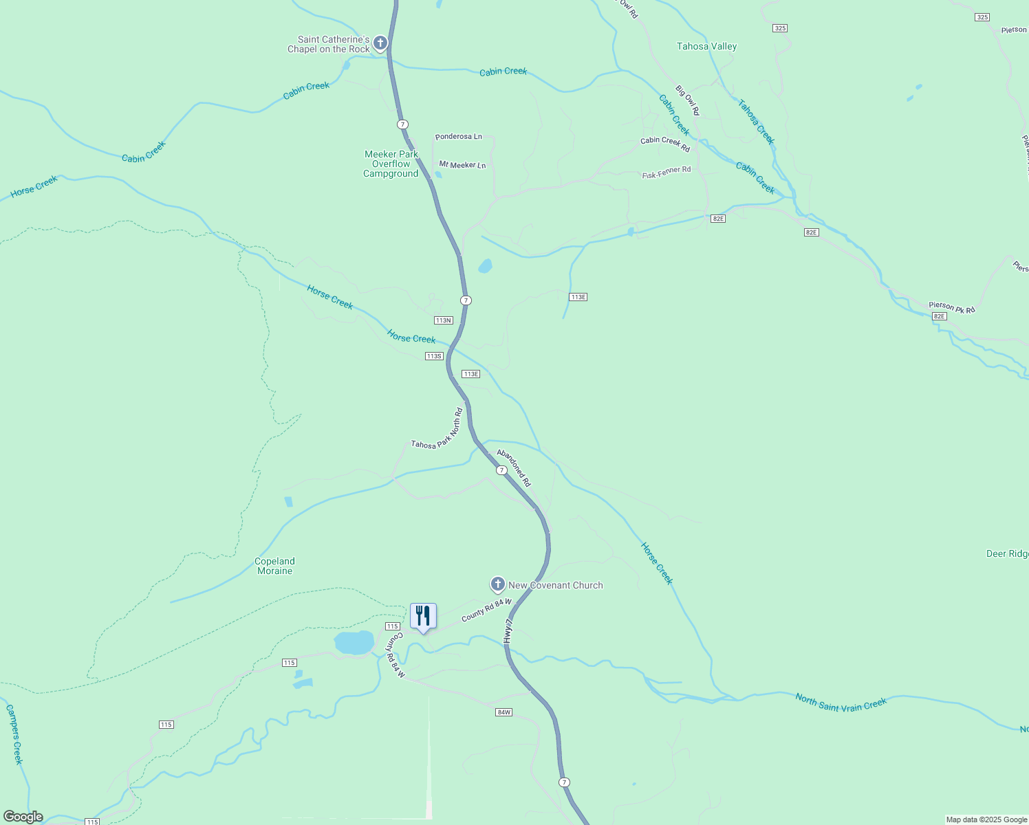 map of restaurants, bars, coffee shops, grocery stores, and more near 12151 Colorado 7 in Allenspark