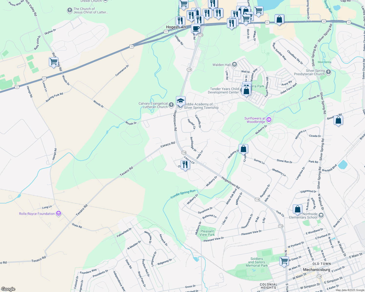 map of restaurants, bars, coffee shops, grocery stores, and more near 428 Hogestown Road in Mechanicsburg