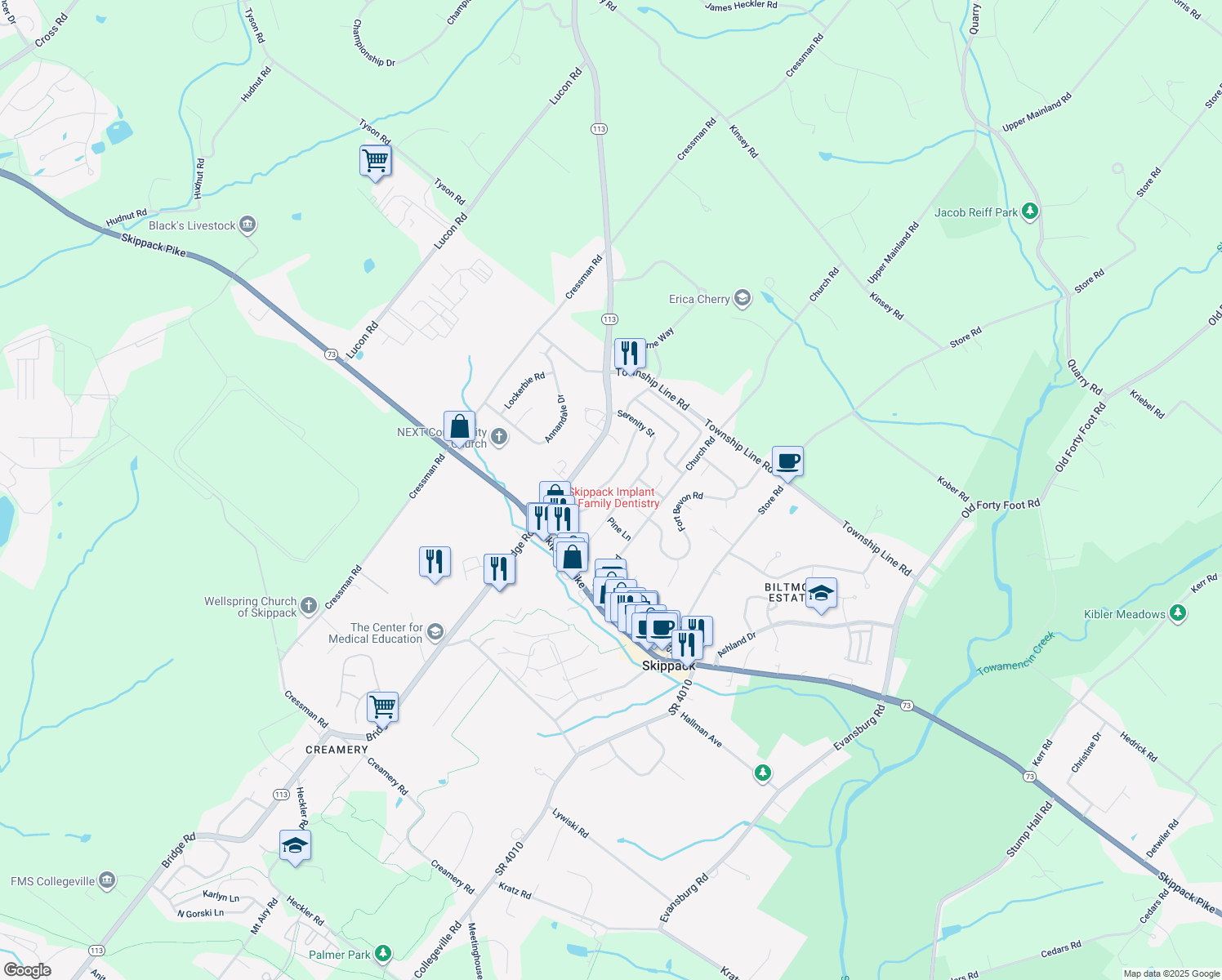 map of restaurants, bars, coffee shops, grocery stores, and more near 2032 Serendipity Way in Schwenksville
