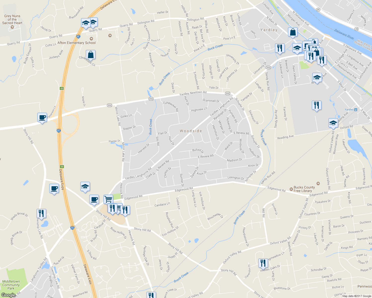 map of restaurants, bars, coffee shops, grocery stores, and more near 1416 Buford Drive in Yardley